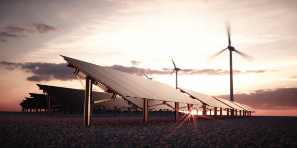 moderna och futuristiska estetiska svart solpaneler av stora solceller kraftverk med vindkraftverk i bakgrunden varm solnedgång belysning. 3d-rendering. - wind turbine sunset bildbanksfoton och bilder