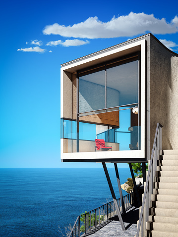 Digitally generated modern and minimalist house/villa near the ocean.\n\nThe scene was rendered with photorealistic shaders and lighting in Autodesk® 3ds Max 2020 with V-Ray 5 with some post-production added.