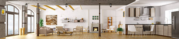 modern apartment interior panorama 3d render - panoramisch stockfoto's en -beelden