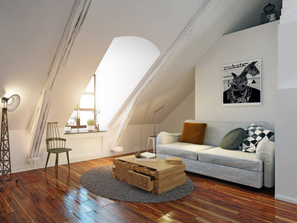 modern attic interior. modern attic interior. 3d design rendering attic stock pictures, royalty-free photos & images