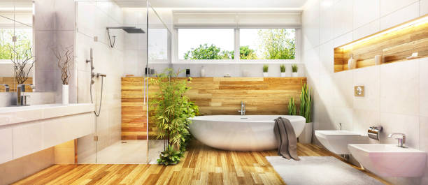 Modern bathroom interior design Modern bathroom design with beautiful bath, shower and plants. Wooden bathroom domestic bathroom stock pictures, royalty-free photos & images