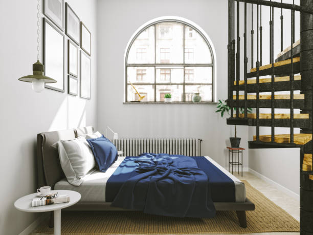 modern bedroom interior - window, inside apartment, new york imagens e fotografias de stock