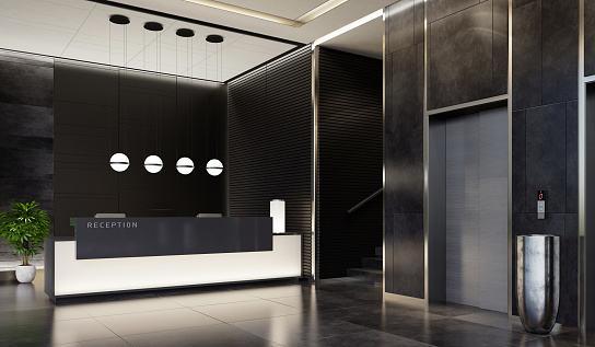 Modern and luxurious Offices lobby interior area. Long reception desk. Black concept.\n3d rendering