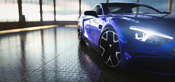 Modern blue coupe sports car in showroom with big windows. Front view. 3D illustration