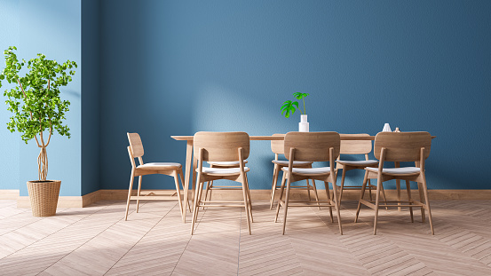 Modern Blue Room Interior Design Wood Dining Furniture Sets On Blue Wall And Wood Floor3drender Stock Photo Download Image Now Istock