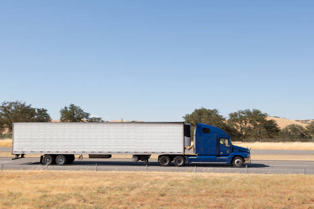 Modern Blue Truck Speeding on Highway, California, USA stock photo