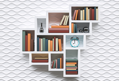 Modern Bookshelf Or Library With Books On White Background Stock