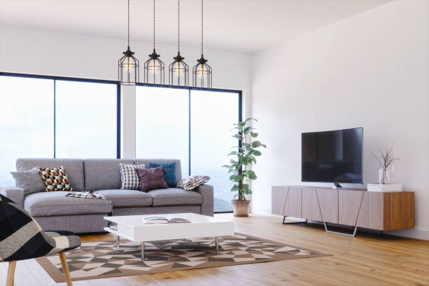 modernes, helles und luftiges skandinavisches design wohnzimmer - hell beleuchtet stock-fotos und bilder