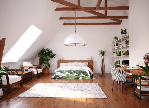 Modern bright open space interior in attic Modern bright open space interior in attic, 3d render attic stock pictures, royalty-free photos & images