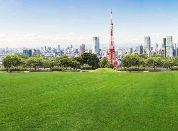 東京の青い空を背景に近代的な建物 - 港区 東京タワー ストックフォトと画像