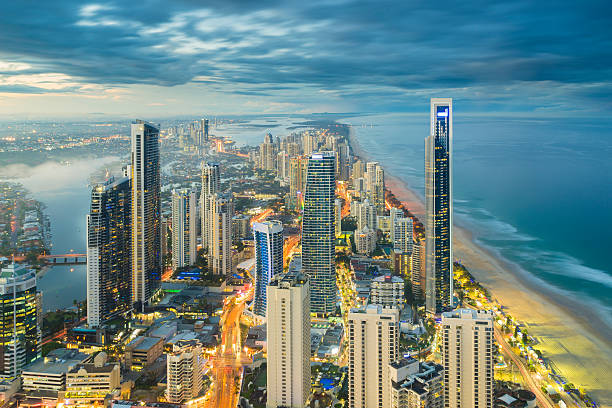 Modern buildings in Gold Coast during sunset stock photo