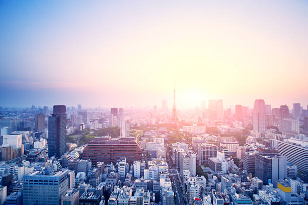 modern buildings in tokyo at sunrise - şafak stok fotoğraflar ve resimler