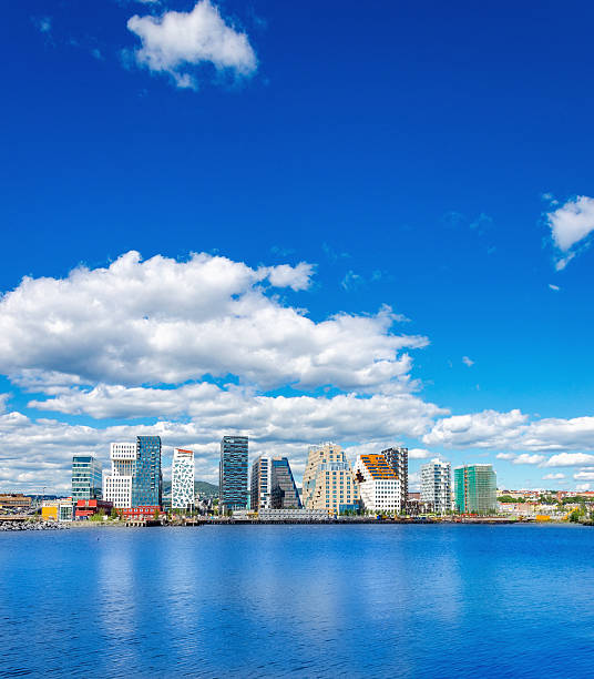 Modern business district in Oslo bay, Norway stock photo