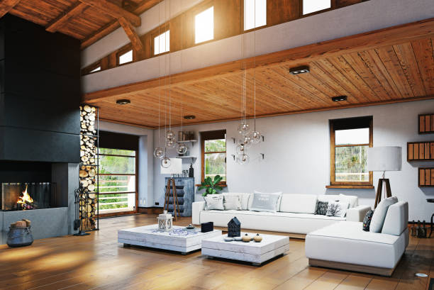 Modern chalet interior Modern chalet interior design. 3d rendering log cabin stock pictures, royalty-free photos & images