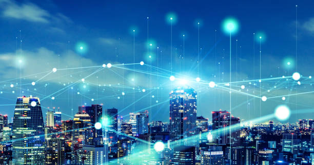 Modern cityscape and communication network concept. Telecommunication. IoT (Internet of Things). ICT (Information communication Technology). 5G. Smart city. Digital transformation. stock photo