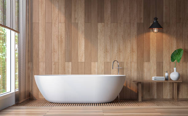 Modern contemporary bathroom 3d rendering image Modern contemporary bathroom 3d rendering image.Decorate wall and floor with wood .There are large windows look out to see the nature bathtub stock pictures, royalty-free photos & images