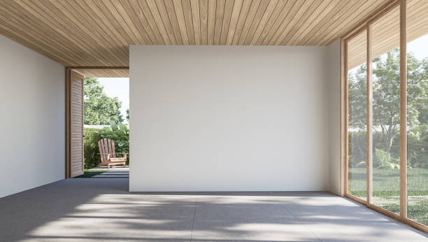 Modern contemporary loft empty room with open door to garden 3d render stock photo