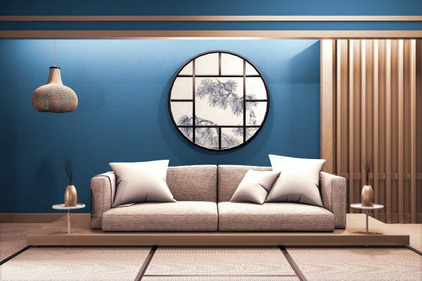 窓紙禅デザインに木製のローソファ付きモダンダークブル  ーの和室インテリア.3dレッドネリング - 宿屋 ストックフォトと画像