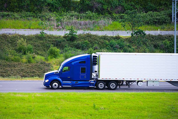 Modern dark blue semi truck reefer trailer profile on road Profile of rapid road beast in the form of modern powerful truck with a tough periphery and refrigeration unit on the trailer with caps on the wheels with unrivaled aerodynamic shape on a green summer road gives the illusion of speed of movement of the time. marijuana joint stock pictures, royalty-free photos & images
