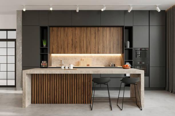 Modern dining room interior Large modern open space loft kitchen interior with large kitchen island and bar chairs. Copy space render domestic kitchen stock pictures, royalty-free photos & images