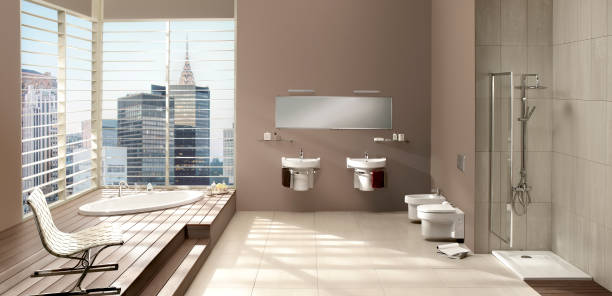 modern domestic bathroom - window, inside apartment, new york imagens e fotografias de stock