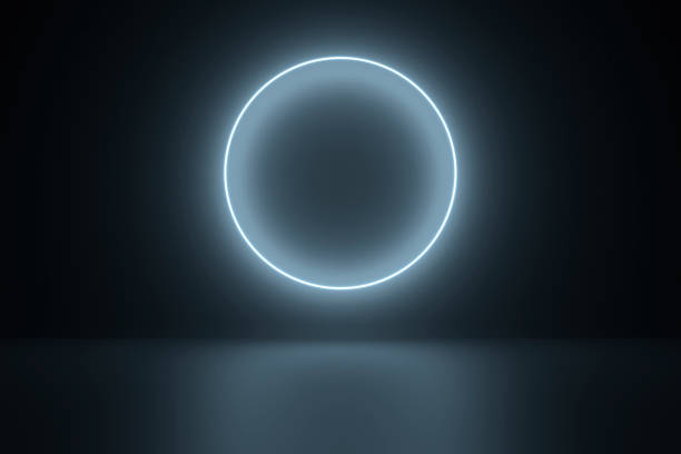 Modern empty abstract black background illuminated by white neon circle lights, 80's retro style stock photo