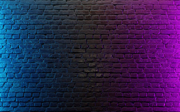 Modern futuristic neon lights on old grunge brick wall room background stock photo