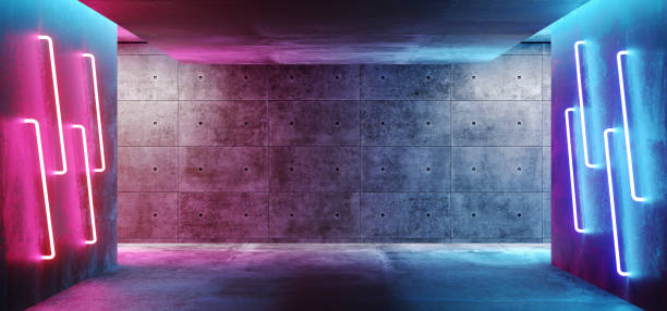 moderne futuriste sci fi concept club fond grunge béton vide chambre noire avec le rendu 3d de néons rose néon lumineux violet et bleu - fond studio minimaliste beton photos et images de collection