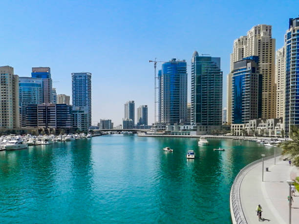 Modern glass towers at Dubai Marina stock photo