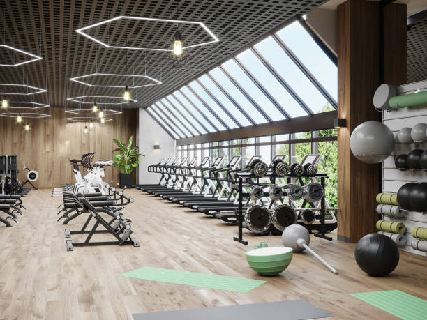 nowoczesne wnętrze sali gimnastycznej ze sprzętem sportowym i fitness, wnętrze centrum fitness, siłownia treningowa, renderowanie 3d - gym zdjęcia i obrazy z banku zdjęć