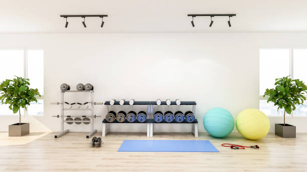 interior moderno del gimnasio con equipo deportivo y de fitness, gimnasio inteior, renderizado 3d - centro de bienestar fotografías e imágenes de stock