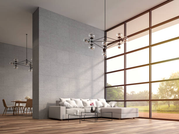 Modern high ceiling loft living and dining room 3d render Modern high ceiling loft living and dining room 3d render.The Rooms have wooden floors ,decorate with white furniture,There are large window Overlooks wooden terrace and large garden. tall high stock pictures, royalty-free photos & images