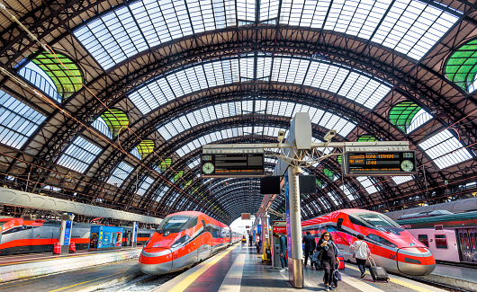 Modern high-speed trains at Milan Central Station