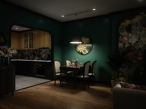 Digitally generated cozy and modern apartment/home interior scene.\n\nThe scene was rendered with photorealistic shaders and lighting in Corona Renderer 6 for Autodesk® 3ds Max 2020 with some post-production added.