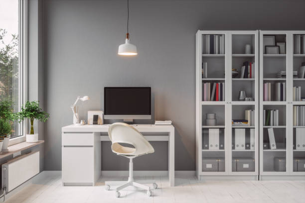 modern home office interior - secretária mobília imagens e fotografias de stock