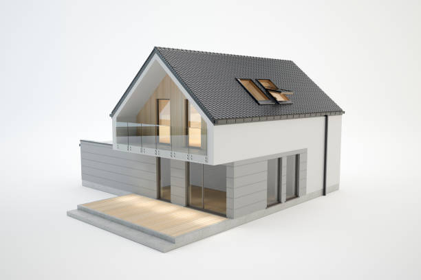 modern huis - 3d model dat op wit, 3d illustratie wordt geïsoleerd - een nieuw huis bouwen stockfoto's en -beelden