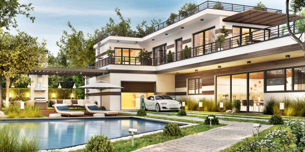 Modern house and electric car Modern house with a large beautiful terrace, barbecue, swimming pool, garage with electric car mansion stock pictures, royalty-free photos & images