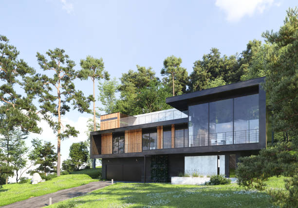 Modern house in forest Modern house in forest, 3d render scandinavia stock pictures, royalty-free photos & images