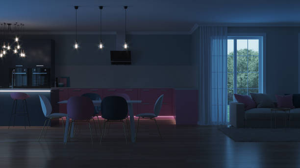 Modern House Interior Pink Kitchen Night Evening Lighting