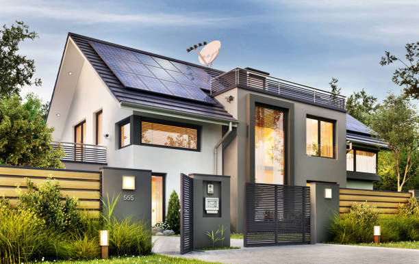 modern house with garden and solar panels - painel solar imagens e fotografias de stock