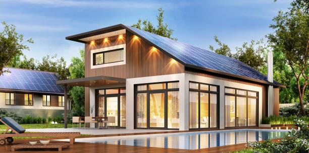 Modern house with solar panels on the roof Large modern house with solar panels on the roof house   neighborhood  wood stock pictures, royalty-free photos & images