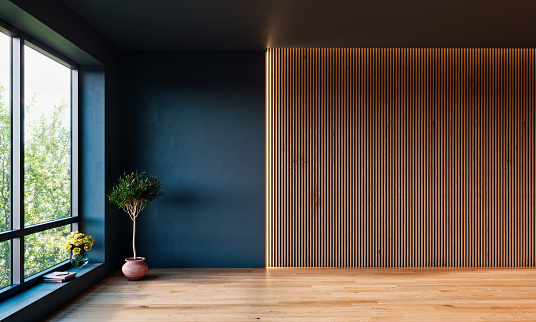 Modern interior design mock up with dark walls and vertical slats panel, 3D Render, 3D Illustration