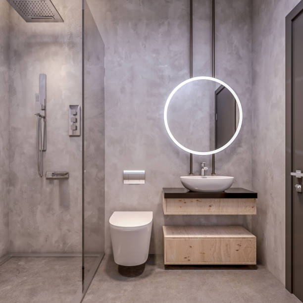 Modern interior design of bathroom vanity, all walls made of stone slabs with circle mirrors, minimalist and clean concept, 3d rendering Modern interior design of bathroom vanity, all walls made of stone slabs with circle mirrors, minimalist and clean concept, 3d rendering vanity stock pictures, royalty-free photos & images