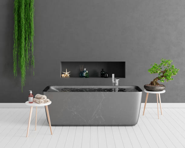 Modern interior design of bathroom with concrete wall and ornamental green plants 3d render stock photo