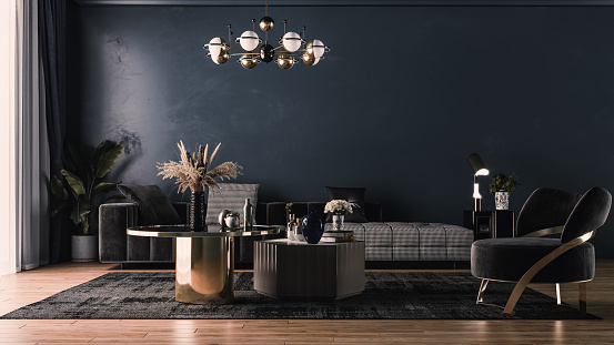 Modern interior design for home, office, interior details, upholstered furniture against the background of a dark classic wall.