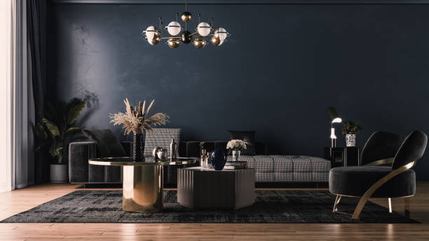 Modern interior design of upholstered furniture against the background of a classic wall. Modern interior design for home, office, interior details, upholstered furniture against the background of a dark classic wall. home showcase interior stock pictures, royalty-free photos & images
