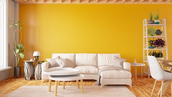Sofa with Yellow Wall. 3d Render