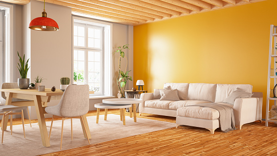 Modern interior Design Sofa with Yellow Wall. 3d Render