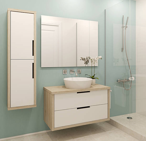 A modern interior of a white and green bathroom  stock photo