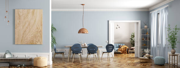 modern inredning av lägenhet, matsal med bord och stolar, vardagsrum med soffa, hall, panorama 3d rendering - dining room bildbanksfoton och bilder